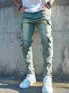 Men's Regular Fit Solid Multi-pocket Cargo Pants, Street Fashion Casual Denim Trousers for Daily Wear, Men's Bottoms for All Seasons, Cotton