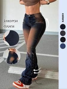 Women's Faded Pocket Button Fly Flare Leg Jeans, Casual Street Comfy Lace Up Trousers for Daily Wear, Ladies Bottoms for All Seasons