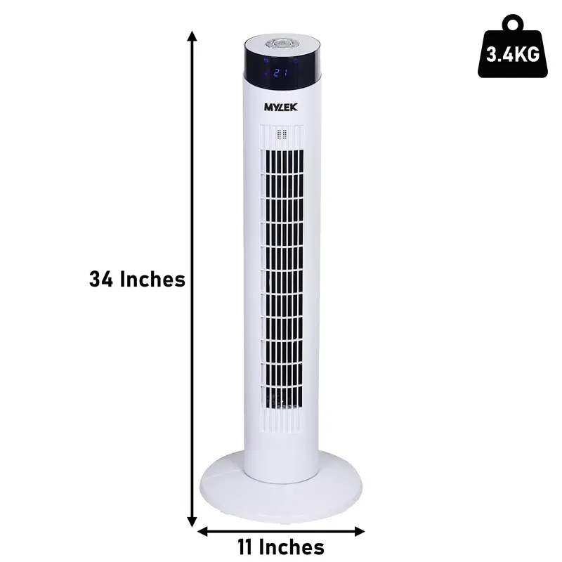MYLEK Tower Fan 34 Inch Oscillating Slim Floor Standing Cool Air Circulator, Remote Control, Timer, Ioniser, Quiet, 3 Cooling Settings, Temp Display, Bedroom, Home Or Office (White Or Black Version) 3