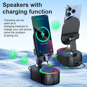 AKLLCCR Wireless Induction Audio Bluetooth Speaker 5in1 Cellphone Holder USB Emergency Rechargeable (3000mAh) Portable Power Mobile Tablet Stand with Colorful Ambient Light Gifts for Friend, Family