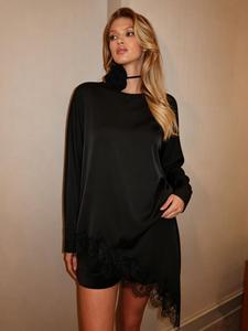 Women's Spring Summer Black Asymmetric Lace Satin Shirt Long Sleeves, Loose Lace Trim Women's Top for Daily Looks, causal Outfits
