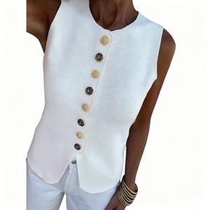 Sleeveless Round Neck Knitted Vest for Women, Solid Color Button Sweater Vest, Fashionable and Simple Summer Sleeveless Jacket, Solid Color Button Vest for Women, Casual Sleeveless Jacket for Women Womenswear Tops Basic Minimalist White
