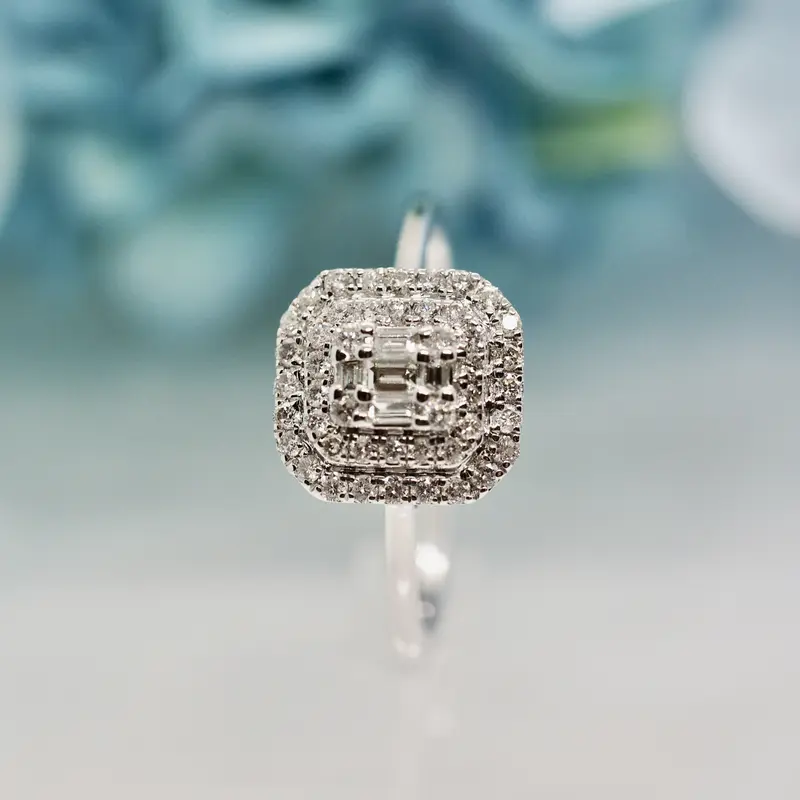 White Gold 0.21ct Baguette & Round Brilliant Cut Diamond Octagonal Cluster Ring, size L 1/2 4