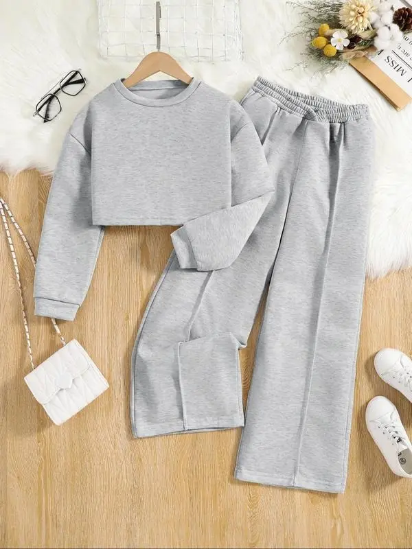 2025 new hot-selling girls' round neck short sweatshirt and loose waist pants set gift, dignified temperament back to school outfit, solid color long-sleeved top and wide-leg pants, unique 8
