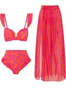 Bikini Outfits Three-piece Set Women's All Over Print Ruffle Trim Swimsuit Set, Boho Sleeveless Swim Top & High Waist Swim Bottom & Split Thigh Elastic Waist Cover Up Skirt Set, Ladies Summer Swimwear for Beach, Bikini Sets