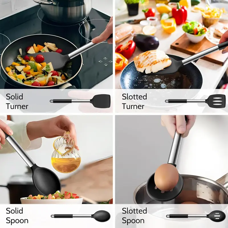 Black Silicone Turners Spoons Kitchen Utensil Set, 4Pcs for Cooking Serving Mixing, Heat Proof & Safe for Non-Stick Cookware, Stainless Steel Handle 3