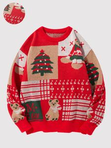 Men's Christmas Tree & Bear Print Drop Shoulder Sweater Pullover, Casual Regular Fit Long Sleeve Round Neck Jumper for Fall & Winter, Fashion Men's Knitwear for Daily Wear