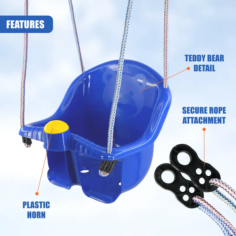 The Magic Toy Shop Safety Swing Seat for Toddlers, Easy Install, Durable Blue Garden Baby Swing for Indoor & Outdoor, Supports 40kg, Enhances Motor Skills, Suitable for Ages 1-3, Adjustable Ropes Included 4
