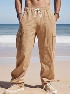 Men's Solid Pleated Elastic Waist Linen Pants, Regular Fit Casual Comfy Straight Leg Trousers for Summer, Men's Bottoms for Daily Wear