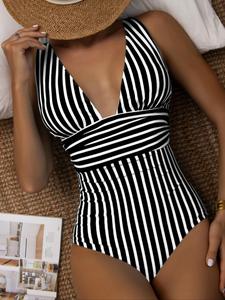 Women's Striped Print V Neck Backless Swimsuit, Casual Adjustable Strap Tummy Control Swimwear for Summer, Vintage Retro One-piece Bathing Suit for Women, Gym Sets Swimsuit for Women, Vintage Bathing Suits, Versatile Swimwear, Swimsuit Bodysuit