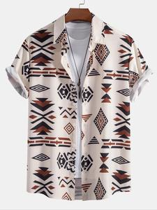Men's Ethnic Pattern Button Front Shortsleeve Shirt, Casual Loose Geometric Print Short Sleeve Collared Shirt, Men's Top for Summer