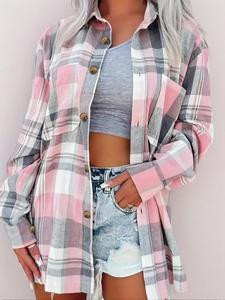Women's Plaid Print Button Front Longsleeves Drop Shoulder Collar Shirt, Mean Girls Shirt, Holiday Tops, Casual Comfort Womenswear Lady Pocket Collared Blouse Top Spring & Fall, Tops, Clothes for Women, Comfy Fabric, Casual Fashion Top, Summer