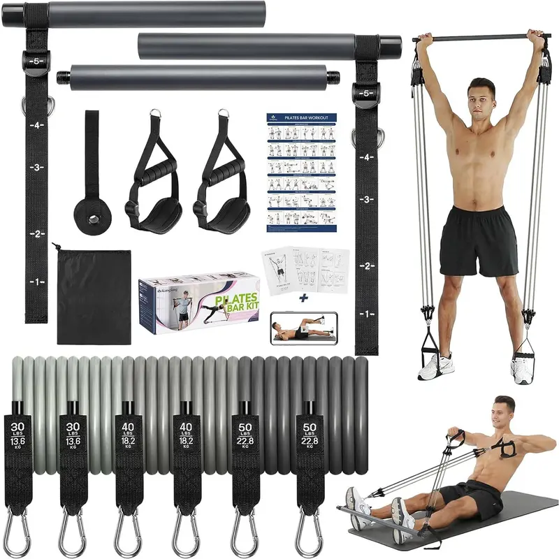 Resistance Band Bar Set, Pilates Yoga Home Gym Equipment With 6 Exercise Bands 30-240Lbs/20-240Lbs/50-360Lbs Optional & Door Anchor For Men Women Workouts Strengthen Muscles yoga  mat pilates  equipment 0