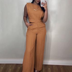 ChicMe Women's 2 Pieces Round Neck Cap Sleeve Crop Top and Casual Pocket Design Straight Pants Set