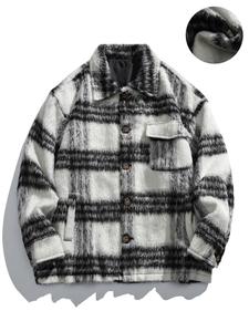 Men's Plaid Print Button Front Drop Shoulder Fuzzy Jacket, Loose Casual Pocket Long Sleeve Collared Outerwear for Fall & Winter, Men's Clothes for Daily Wear