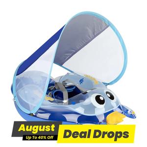 Inflatable Swimming Pool Ring, 1 Count Cartoon Pattern Swimming Ring with Detachable Sun Shade, Gifts for Kids, Pool Floaties, Inflatable Floater, Inflatable Water, Inflatable Circle, Portable Pool Swim Accessories