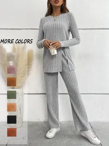 Women's Solid Ribbed Co-ord Set, Long Sleeve Round Neck Split Top & Straight Leg Pants Set without Necklace, Two-piece Outfits for Spring & Fall