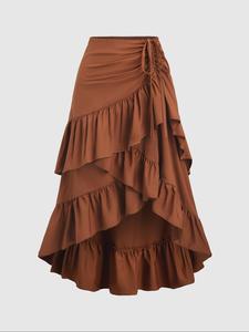 Women's Solid Color Ruffled Hem Skirt, Boho Fashion Casual High Low Hem Skirt for Daily Holiday Vacation Wear, Ladies Bottoms for All Seasons