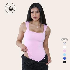 RELA RELA Premium Slinky Double Layered Square Neck Brazilian Bodysuit UK 6-20 Basic Casual Sleeveless Womenswear Chic Comfortable Fitted Minimalist Tops