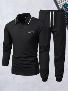Two-Piece Set Men's Battery Print Co-ord Set, Regular Fit Long Sleeve Polo Shirt & Drawstring Pocket Jogger Pants Set, Spring & Fall Clothes Set for Daily Wear, Winter outfits