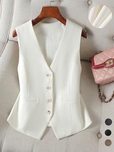 Women's Solid Button Front Pocket V Neck Suit Vest, Elegant Sleeveless Suit Vest for Work Office Business, Ladies Spring & Fall Clothes