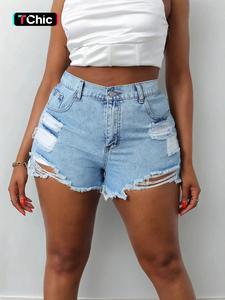 【Plus Size】 Button Ripped High Waist Denim Shorts, Fashion Style Casual Fit Pocket Lightweight Shorts for Daily Outdoor Wear, Shorts for Women, Fitted Jean Shorts, Women Clothing for Summer, Evening Shorts on Holiday, Breathable Womenswear, Bottom