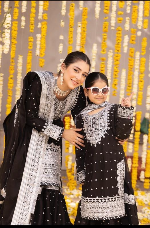 Product Introduction of Aliyah KIDS Wedding FARSHI Gharara Mother and Daughter Black Dresses. 20