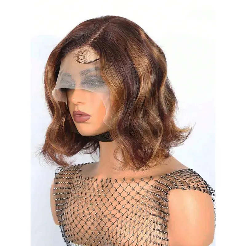 Highlight Short Body Wave Bob 13X4X1 T Part Lace Wigs Ombre Real Colored Human Hair Lace Frontal Closure Wigs For Women With Front Baby Hair Pre Plucked Natural Hairline Wig 2