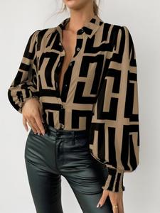 Women's Geometric Print Button Front Blouse, Lantern Sleeve Collared Button Up Top for Spring & Fall, Casual Ladies Clothes for Daily Wear