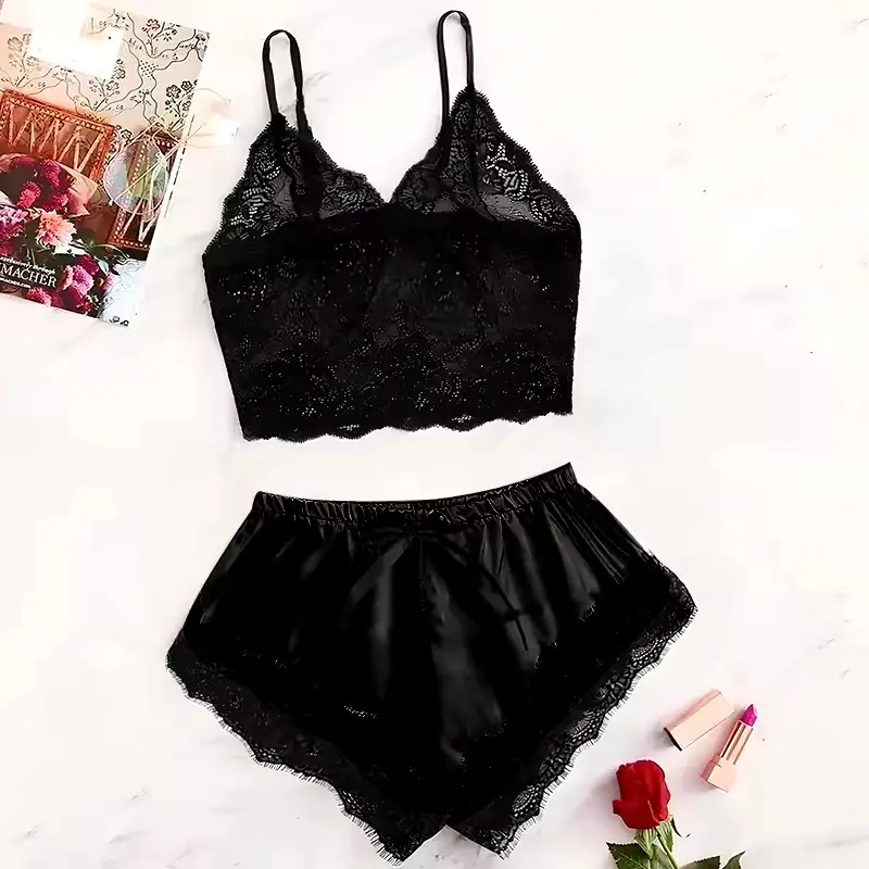 Sexy Summer 2 Pcs Women's New Sexy Lace See-Through Pajamas Black Pink Cute Clothes Comfortable Breathable Loungewear Nightwear Womenswear Gamis Hip Short Sleeveless Homewear Fit Elegance Overall Piece Style Pjs 2