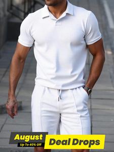 Two-piece Set Men's Solid Color Shortsleeve Polo Shirt & Shorts Set, Regular Fit Casual Plain Short Sleeve Top & Track Shorts, Men Summer Set for Outdoor Activities, Menswear, Street Style Clothes, Summer Outfit Set