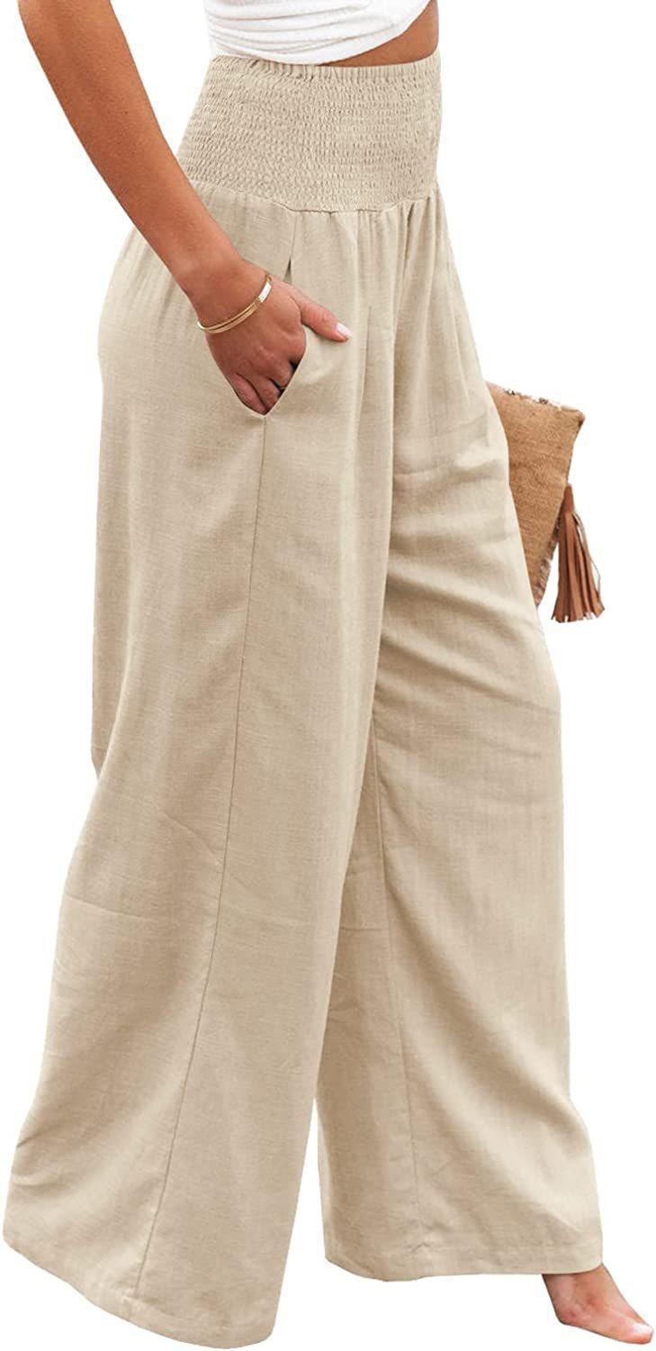 Product Introduction of Women's Plain Pocket Shirred Wide Leg Pants, Casual Elastic Waist Trousers for Beach Vacation Holiday, Ladies Bottoms for All Seasons 6