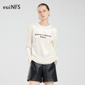 【euiNFS】Velvet Long Sleeve Slogan Top for Women | “Nothing Is Impossible” Soft Shiny Velvet Tee | Casual Korean Style Inspirational Shirt【E333048】