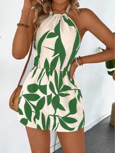 Women's Leaf Print Halter Romper, Casual Sleeveless Romper for Summer, Women's Clothes for Beach Holiday Vacation, Womenswear, Clothes for Women, Casual Fitted Jumpsuit