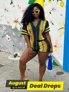 Women's Striped Print Two-piece Matching Outfits Set, Chic Casual Curvy Fashion Cozy Knitwear Set for Daily Outdoor Wear, Womenswear, Casual Outfits Women, Shortsleeve Knit Sweater Sets, Cute Summer, Soft Casual Formal Set