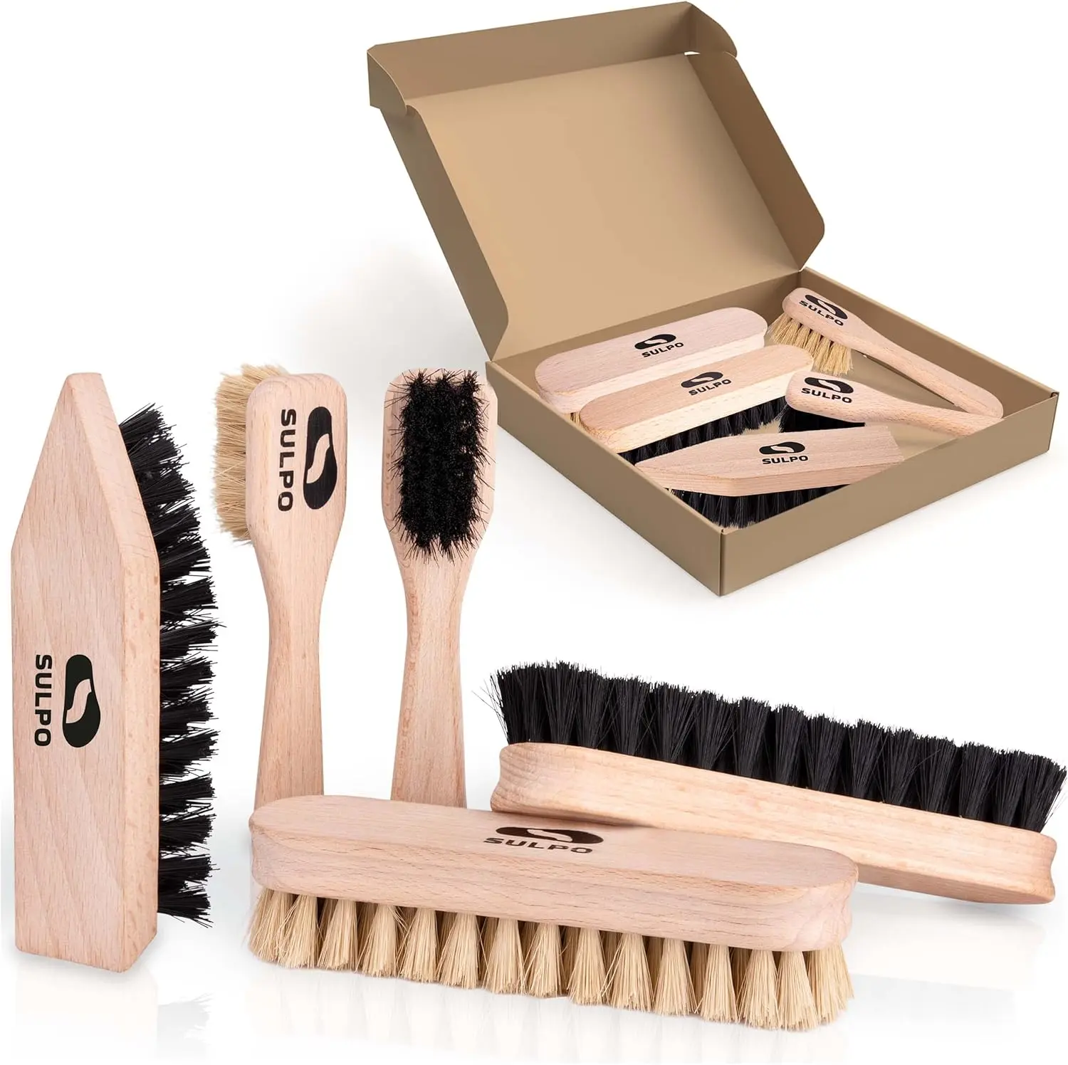 SULPO Shoe Polish Kit - 5-Piece Cleaning Set - Leather Cleaning Brushes - Soft & Hard Bristles - Shoe Care