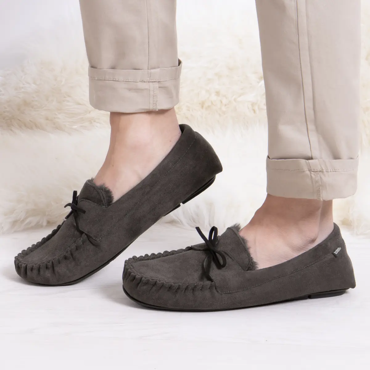 totes toasties Mens Suedette Moccasin Slippers With Faux Fur Lining Grey