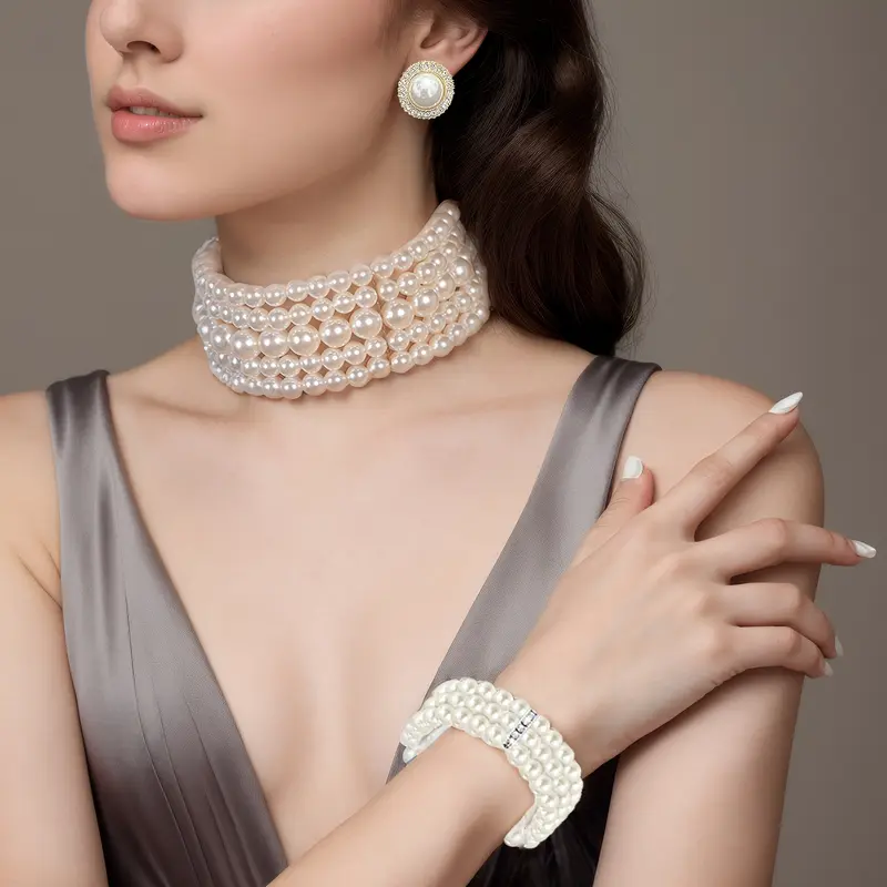 European And American Cross-Border Large And Small Pearls Metal Multi-Layer Necklace Foreign Trade Fashion Round Geometric Earrings Jewelry Set 5