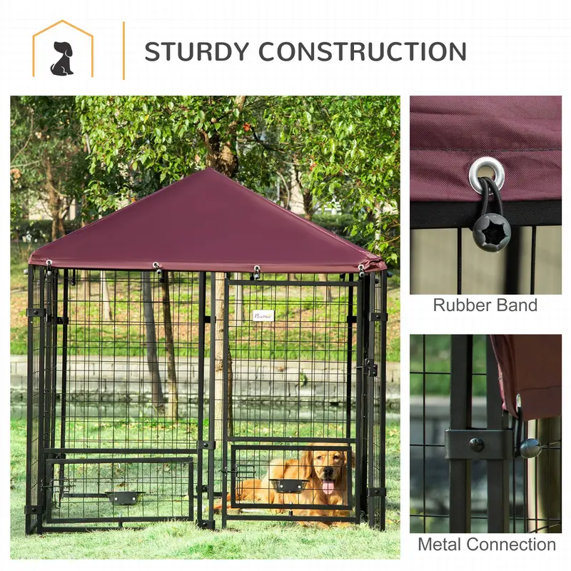 Outdoor Dog Kennel with Rotating Bowl Holders, Water and UV-Resistant Cover for Medium & Small Dogs, Red 5