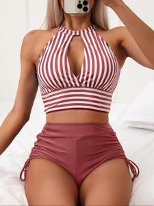 Women's Striped Print Bikini Set, Casual Tie Front Swim Top & Swim Bottom Swimsuit for Beach Holiday Vacation, Ladies Swimwear for All Seasons, Tankini Swimsuits Women