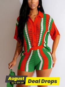 Women's Colorblock Striped Top & Shorts Two-piece Set, Casual Breathable Shortsleeve Top & Shorts Set for Summer, Ladies Clothes for Beach Vacation, Cute Summer Outfit