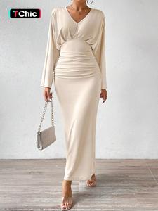 Women's Plain Ruched V Neck Long Sleeve Dress, Elegant Long Dress for Daily Outdoor Wear, Women Dress for Fall & Winter