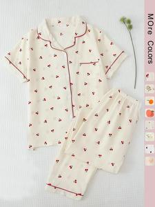 Two-Piece Set Women's All Over Print Pajama Set, Button Front Short Sleeve Shirt & Elastic Waist Pants Lounge Co-ord Set, Summer Outfits 2024, Lady Summer Homewear