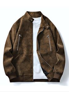 Men's Solid Color Zipper Bomber Jacket, Regular Fit Casual Retro Long Sleeve Outerwear for Spring & Fall, Fashion Men's Clothes for Daily Wear, Menswear, Casual Jacket Coat