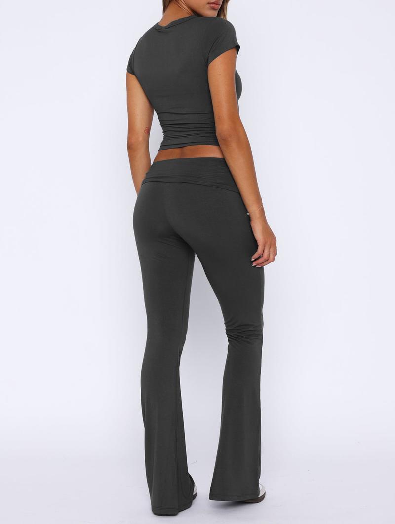 Product Introduction of Women 2 Piece Lounge Sets Matching Sets Short Sleeve Cropped Top Fold Over Flare Pants Yoga Tracksuit 9