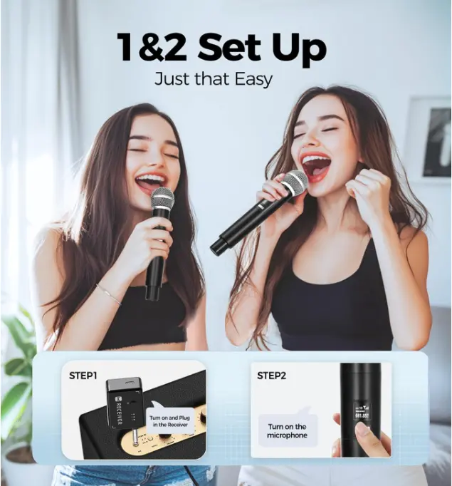 Microphone Wireless, Microphone with One-to-One Chip Connection, 40H Duration, 200 FT Distance Receiving, Rechargeable Receiver, Wireless Microphones for Singing, Video Recording, Home Party (Black) 2