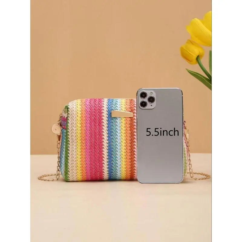 Summer 2024 Colorful Straw Woven Crossbody Bag, Casual Trendy Shoulder Bag, Boho Style Chain Bags for Women, Fashion All-match Square Bag for Beach Vacation 4