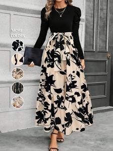 Women's Floral Patchwork Print Belted Ruffle Hem A Line Dress,  Comfortable    Soft Elegant Puff Sleeve Round Neck Long Dress for Spring & Fall, Women's Clothing for Daily Wear