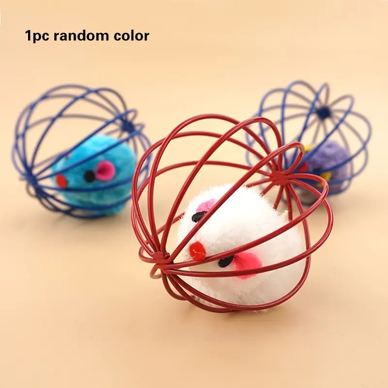 Cat Toy Cage Mouse Teaser Stick with Artificial Feather Tail Mini Ball Self-Entertaining Cat Toy 5