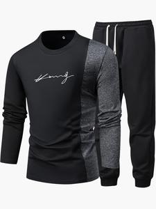 Two-Piece Set Men's Colorblock Letter Print Set, Casual Long Sleeve Tee & Drawstring Pocket Sweatpants Set for Fall & Winter, Men's Outfits for Daily Wear